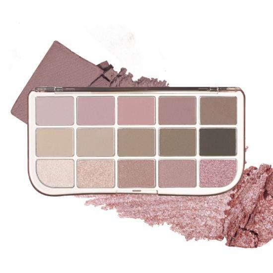 fwee More Mood Eye Palette 06 More Than Rose, complete fifteen-pan palette and shade texture.