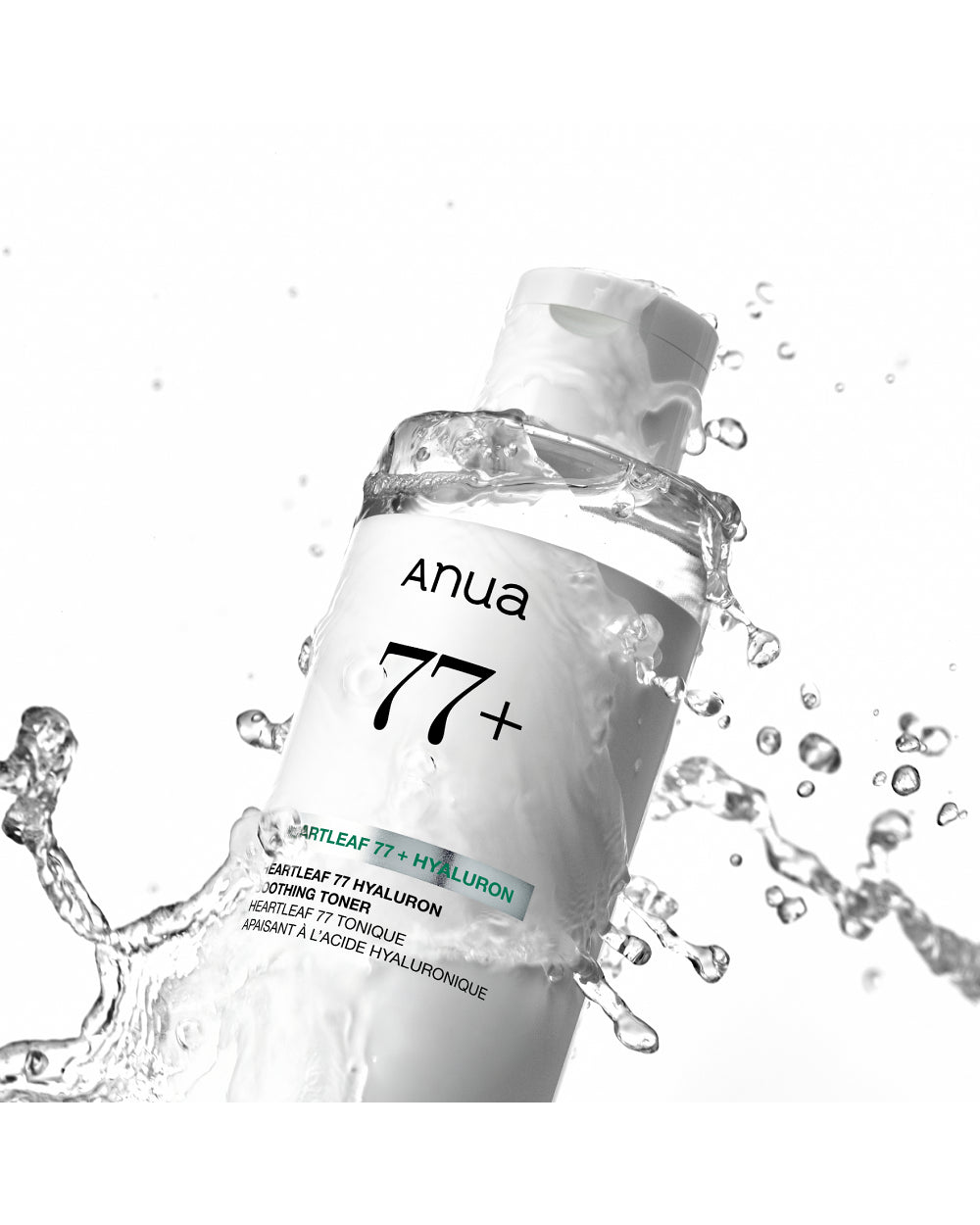Anua Heartleaf 77 Hyaluron Soothing Toner — original watery texture and bottle-detail photograph.