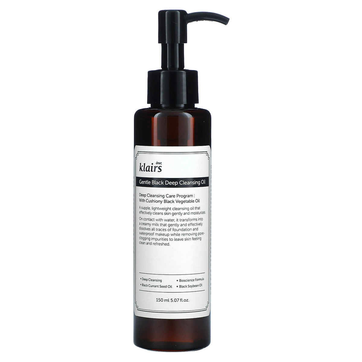 dear, Klairs Gentle Black Deep Cleansing Oil, 150ml pump bottle.