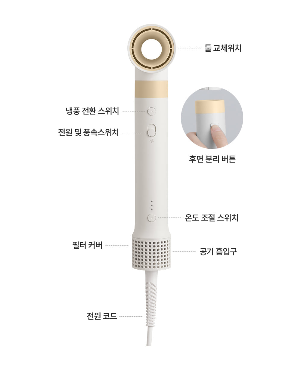 Brown CHAHONG Air Styler 2.0 controls, rear release button and filter diagram.
