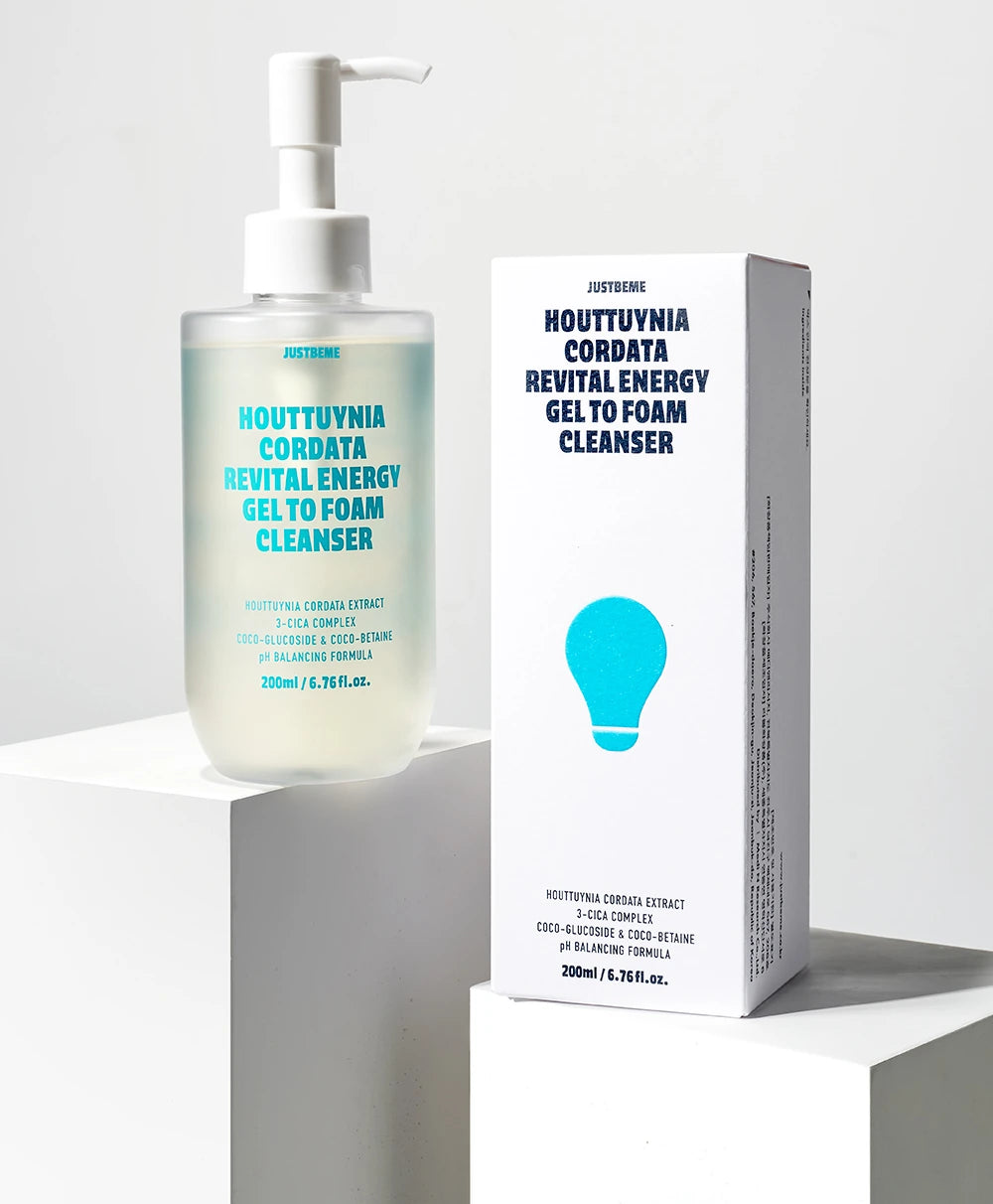 JUSTBEME Houttuynia Cordata Revital Energy Gel to Foam Cleanser 200ml packaging