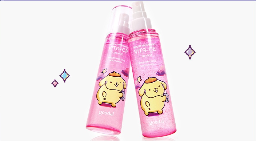 goodal x Pompompurin Green Tangerine Vita-CE TXA Mist Duo (100 ml x 2) — main products and packaging.