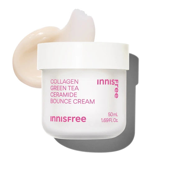 Innisfree Collagen Green Tea Ceramide Bounce Cream, 50ml jar and cream texture.