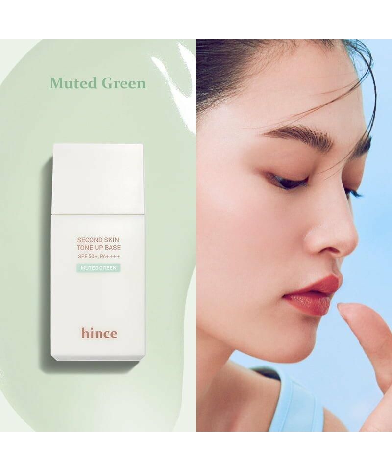 hince Second Skin Tone Up Base 35ml in Muted Green, complete original bottle and application photo