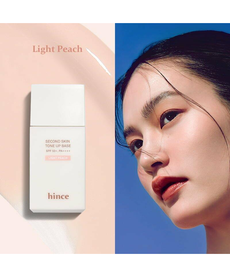hince Second Skin Tone Up Base 35ml in Light Peach, complete original bottle and application photo