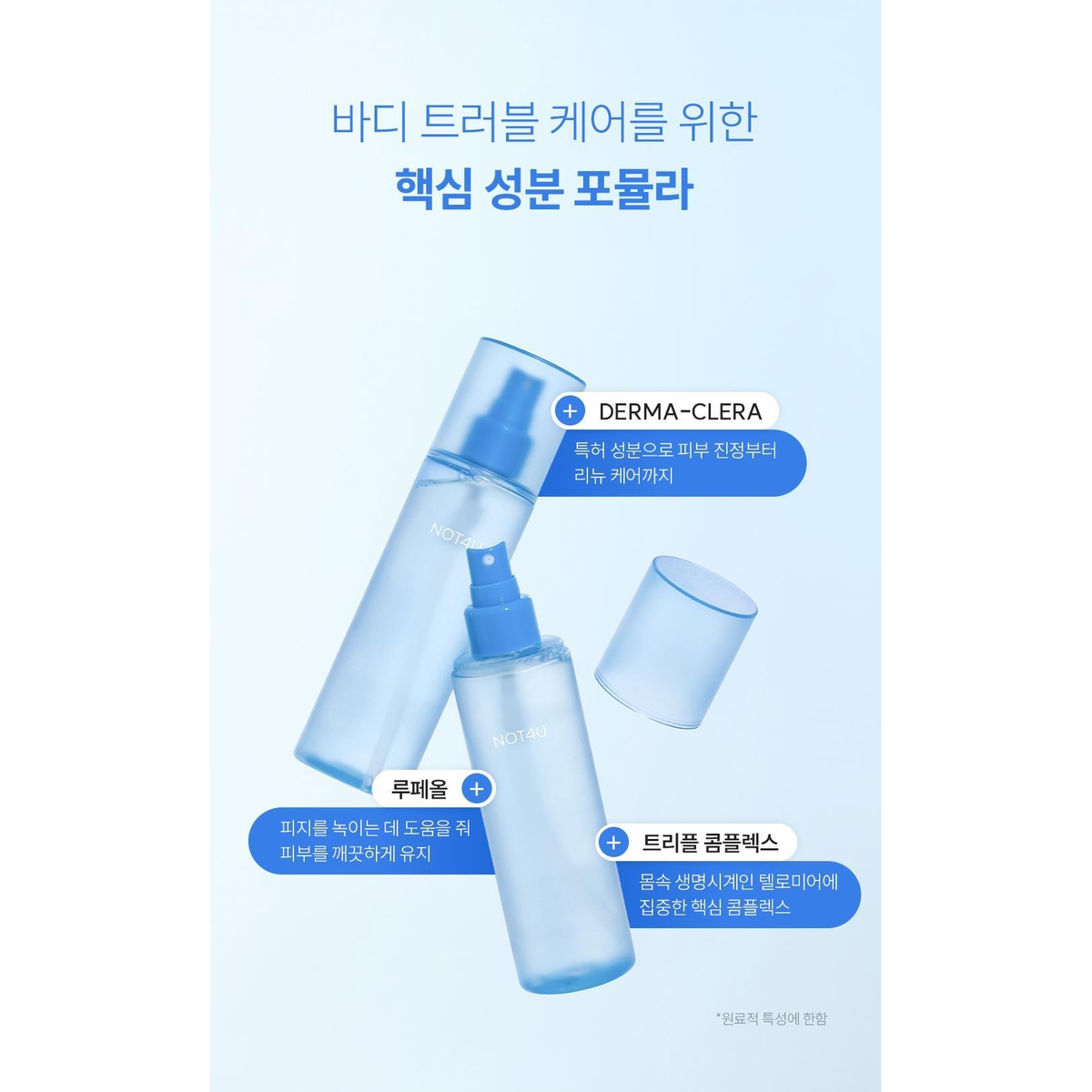 NOT4U ClearBodyMist: original complete native formula-component illustration and its text.