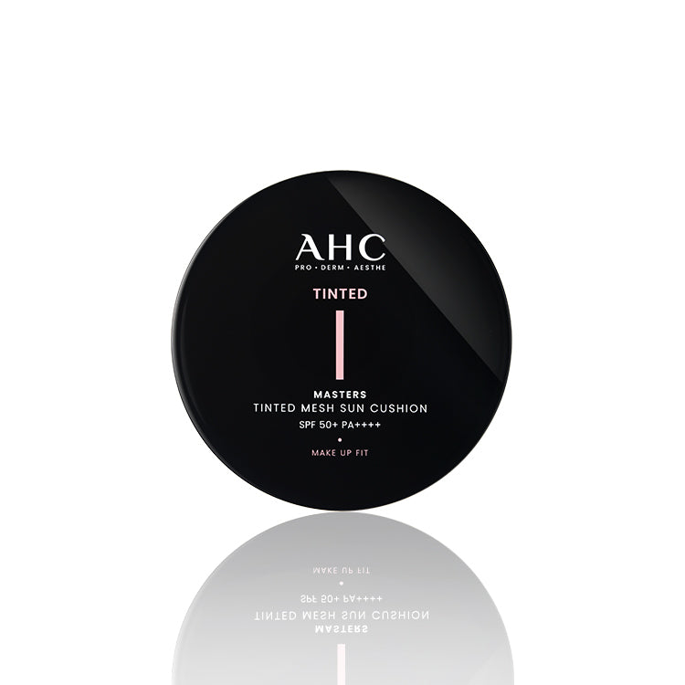 AHC Masters Tinted Mesh Sun Cushion: original closed black compact shared by both shade options; this image does not show a shade swatch.