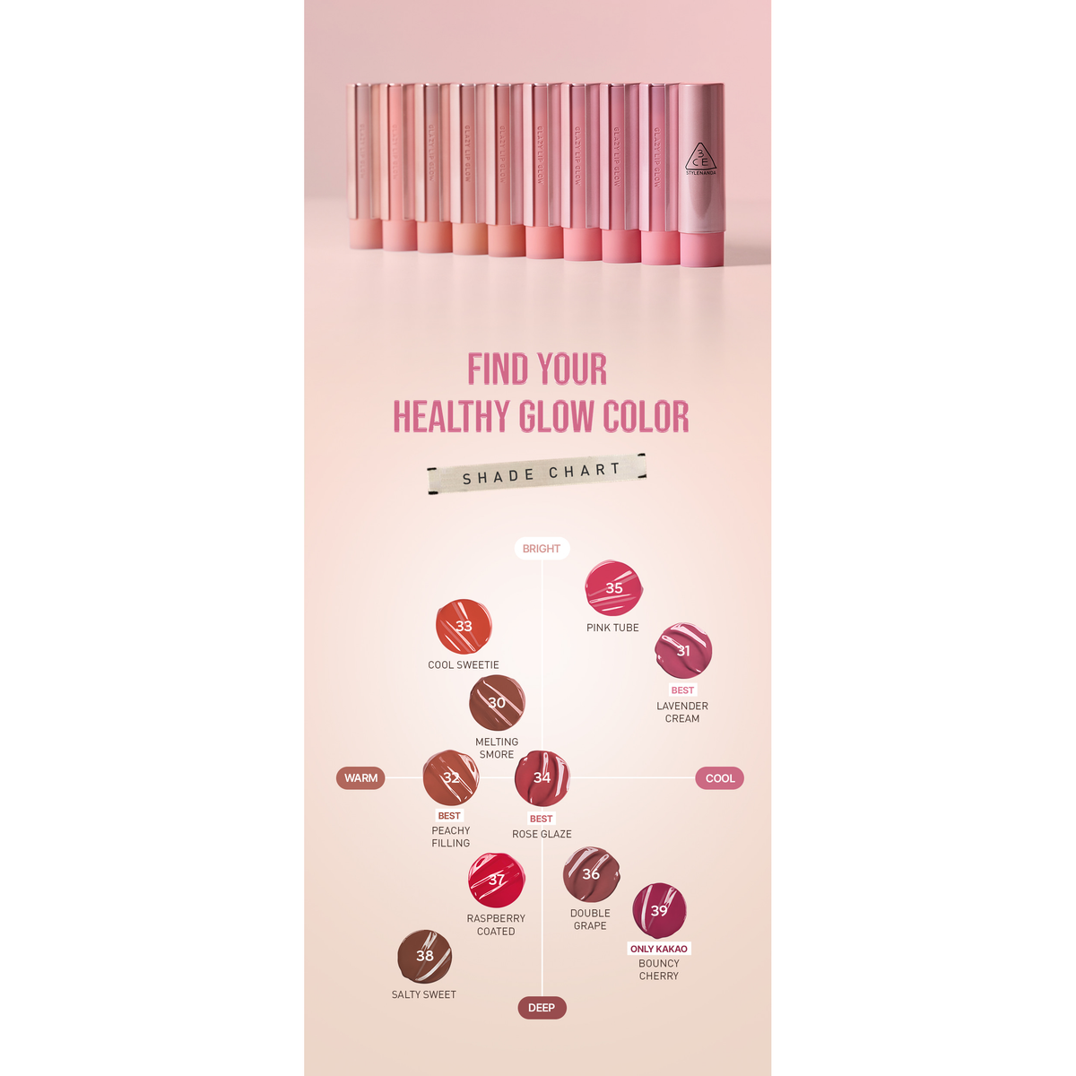 3CE Glazy Lip Glow product guide.