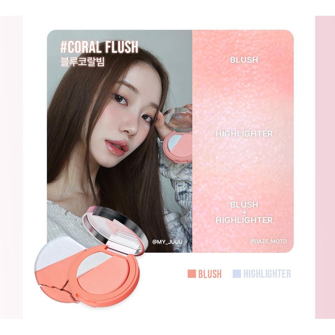 3CE Blushlighter Coral Flush, one selected compact and complete shade swatches