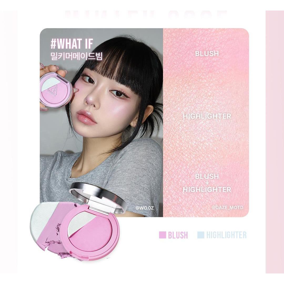 3CE Blushlighter What If, one selected compact and complete shade swatches