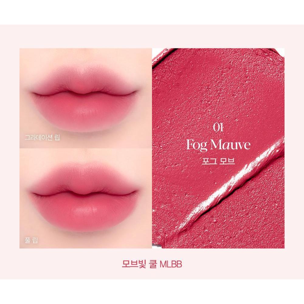 Espoir VolumeMatte01FogMauve complete original lip swatch and texture color card