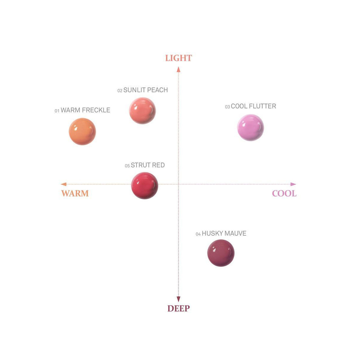 Complete hince Dewy Liquid Cheek five-shade map comparing warmth, coolness, lightness and depth.