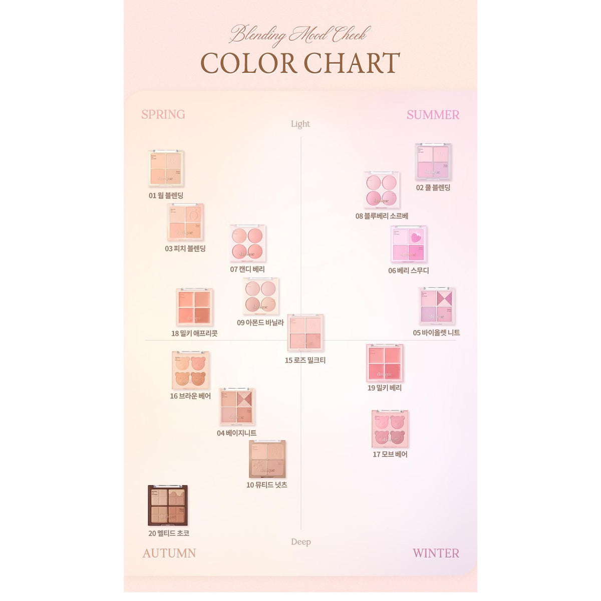 Complete original DASIQUE Blending Mood Cheek seasonal tone map; choose from available palettes.
