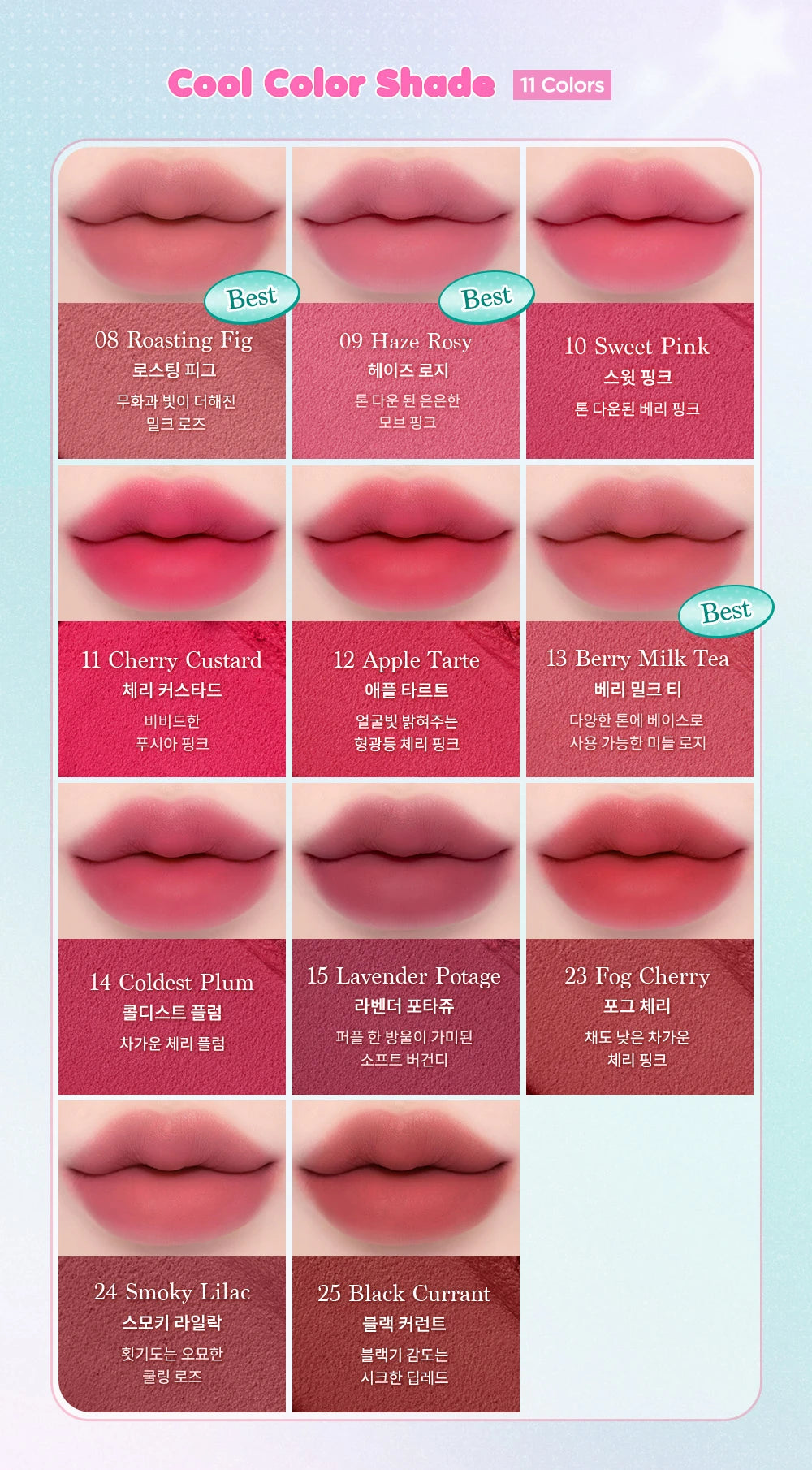 Complete standard cool shade guide, eleven individually named colors