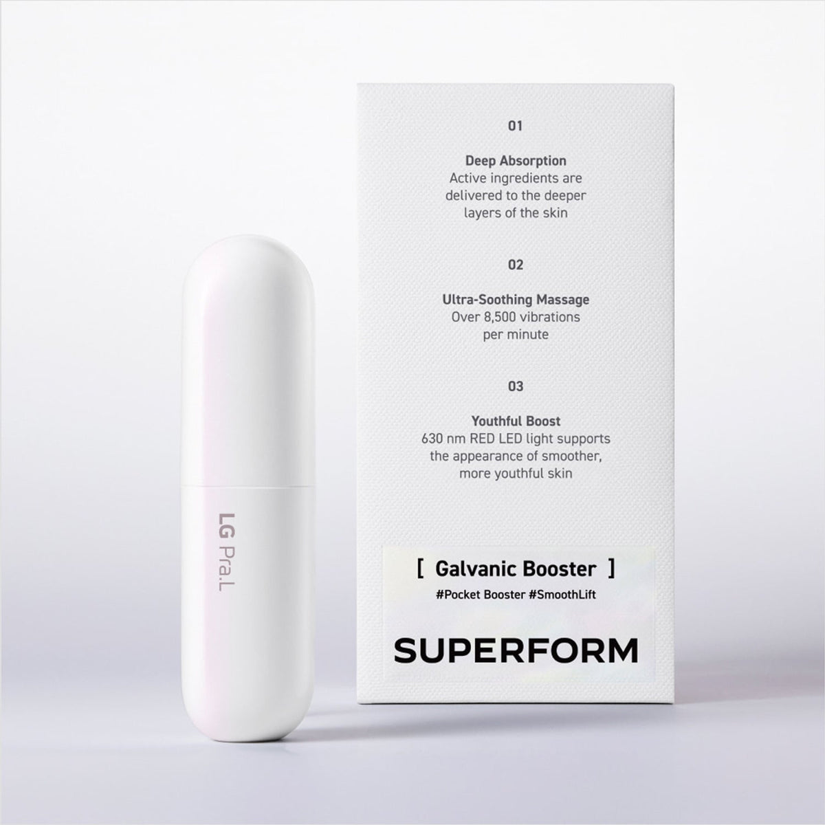 LG Pra.L Superform Galvanic Booster in Mystic White with matching retail box