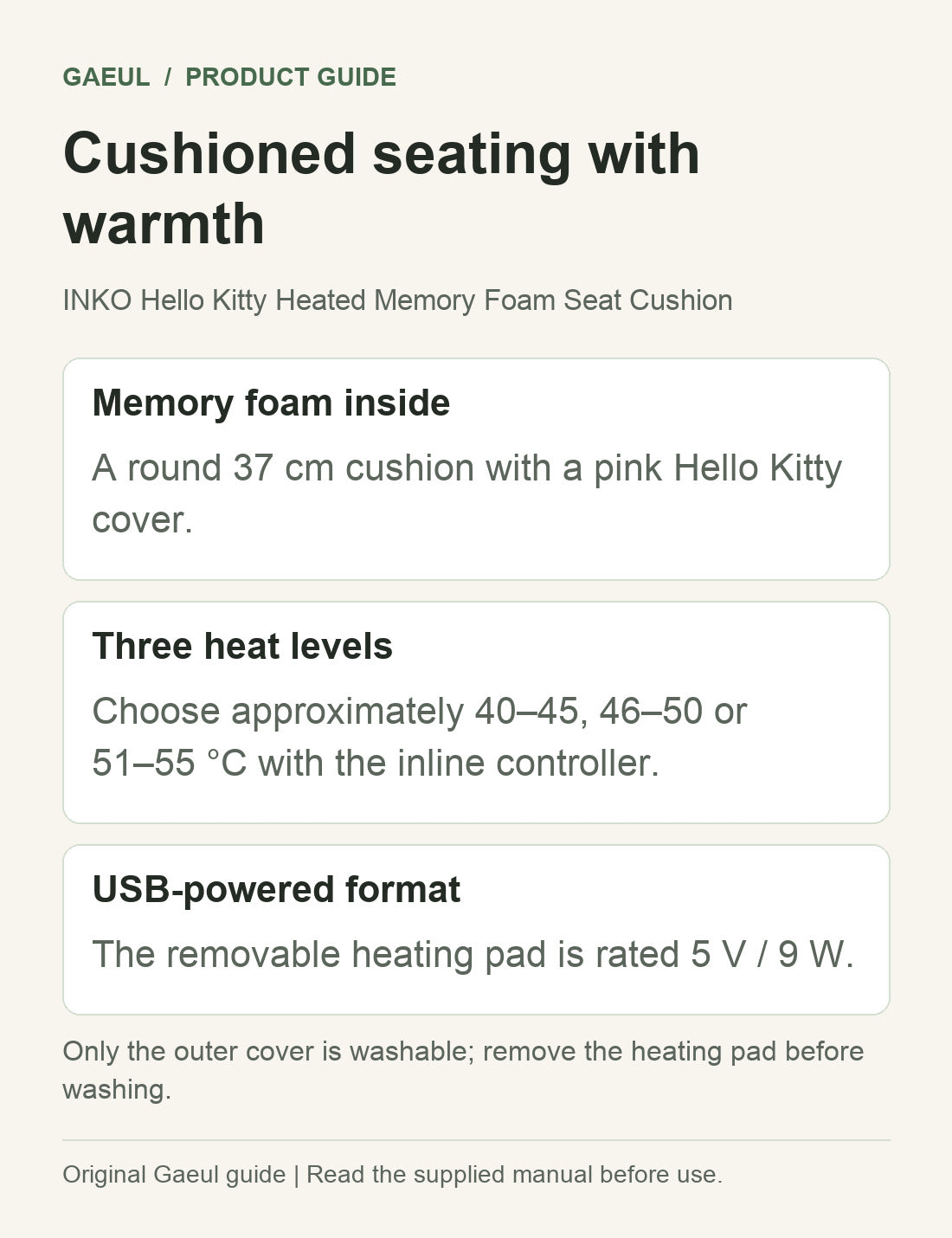 INKO Hello Kitty Heated Memory Foam Seat Cushion: cushioned seating with warmth