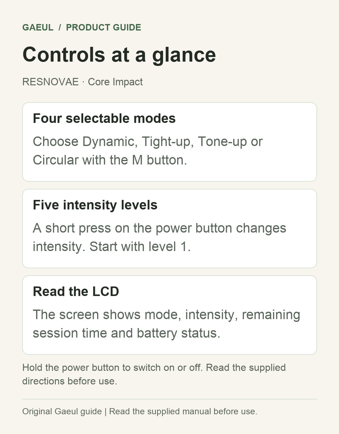 RESNOVAE · Core Impact: controls at a glance.