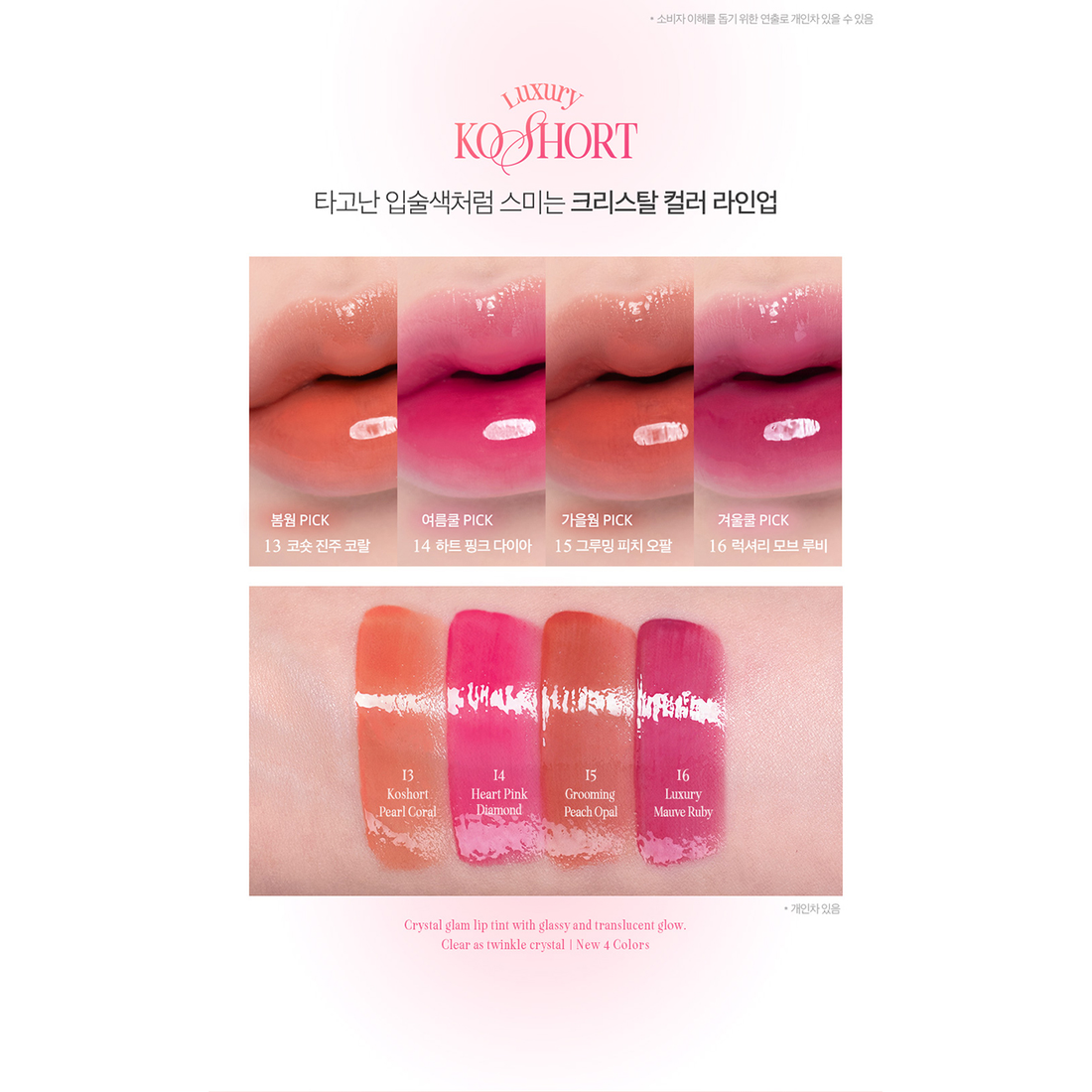 CLIO Crystal Glam Tint Luxury Koshort Edition exact four-shade lip and arm swatch comparison, complete native panel.