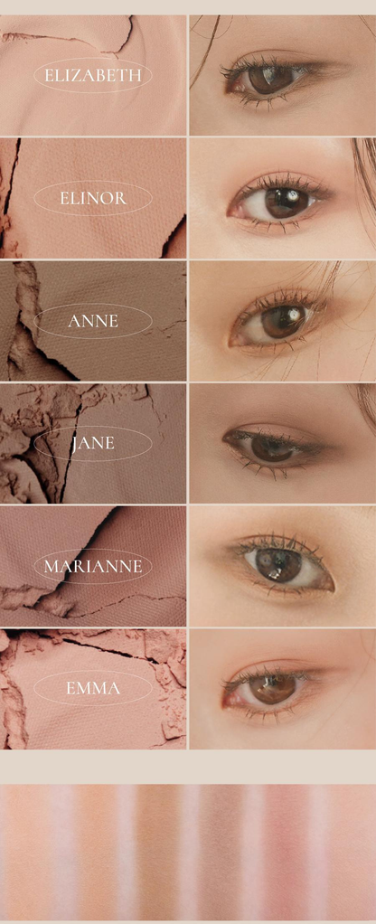 Dinto Blur-Finish Shadow 701 Jane Austen — complete six-color application and swatch comparison.