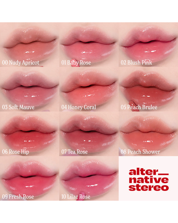 ALTERNATIVESTEREO Lip Potion Balmy Rose — complete 11-shade lip-color comparison.