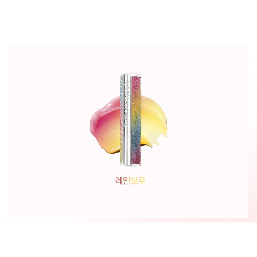 YNM Rainbow Honey Lip Balm original rainbow tube and balm texture.