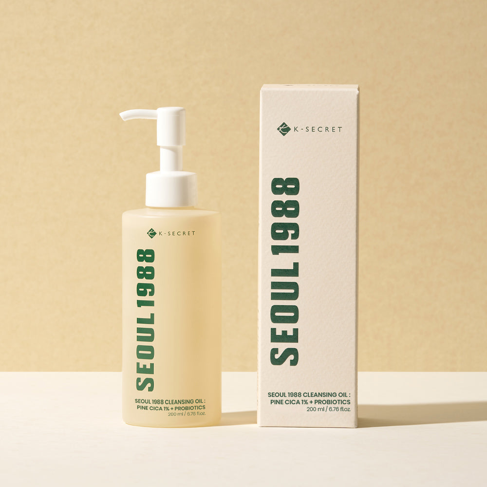 KSECRET SEOUL 1988 Cleansing Oil: Pine Cica 1% + Probiotics, 200ml pump bottle with its correct cleansing-oil carton.