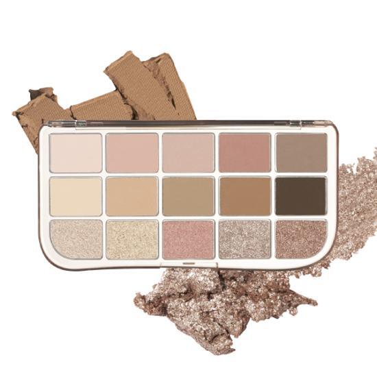 fwee More Mood Eye Palette 01 More Than Nude, complete fifteen-pan palette and shade texture.