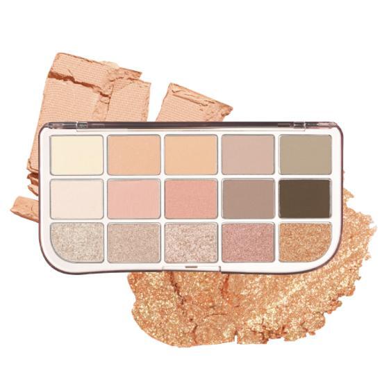 fwee More Mood Eye Palette 02 More Than Coral, complete fifteen-pan palette and shade texture.