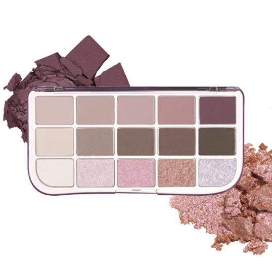 fwee More Mood Eye Palette 05 More Than Mauve, complete fifteen-pan palette and shade texture.