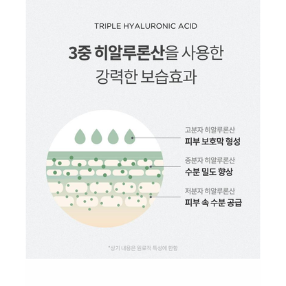 Complete original Anua triple hyaluronic acid panel with its explanatory labels and qualifier.