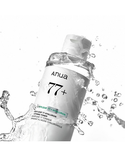 Anua Heartleaf 77 Hyaluron Soothing Toner — original watery texture and bottle-detail photograph.