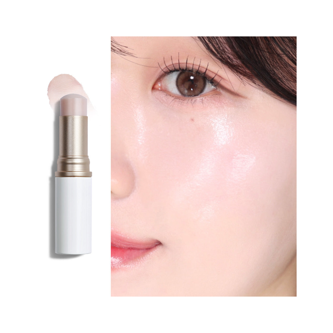 hince True Dimension Radiance Balm in Clear, with matching swatch and cheek finish.