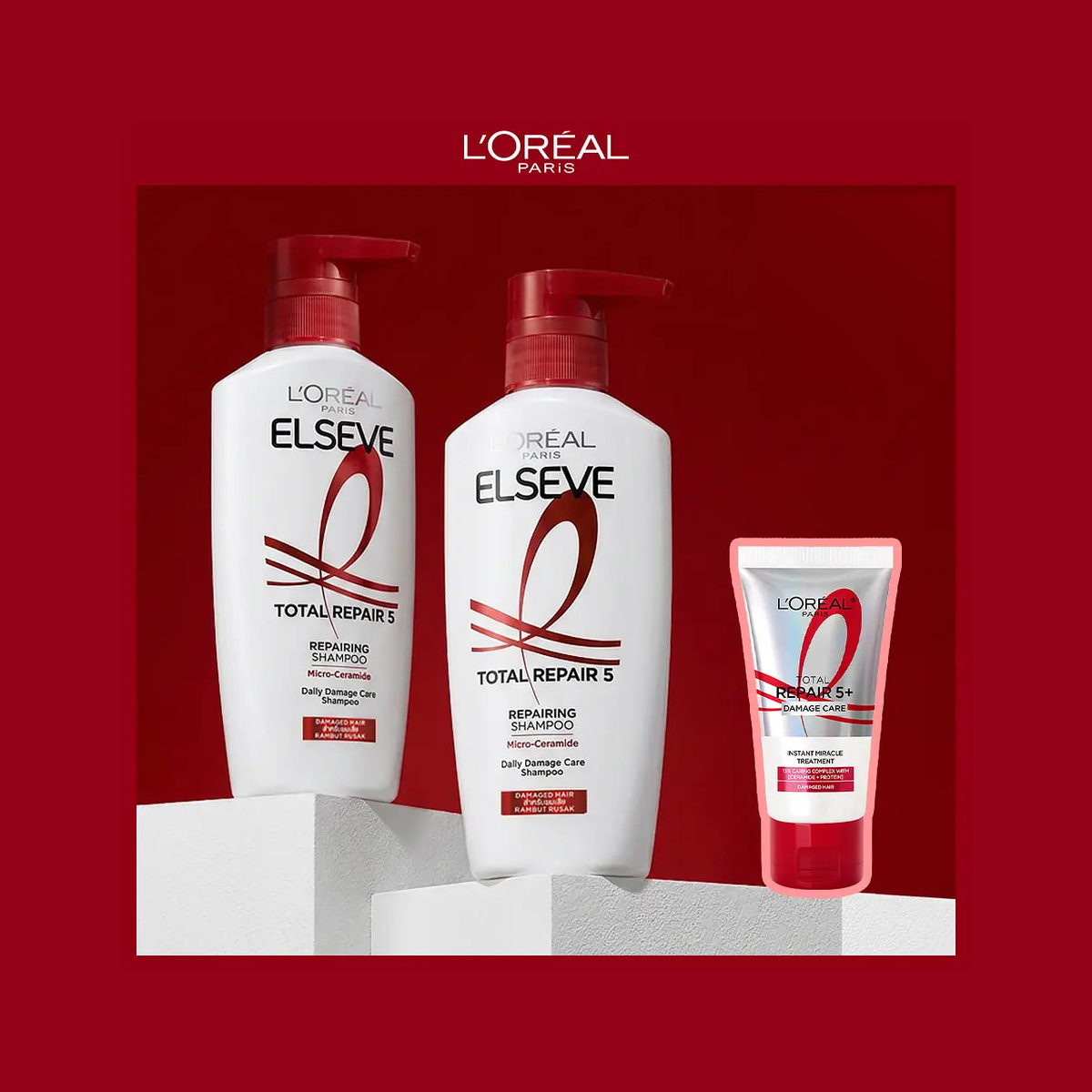 L’Oréal Paris Total Repair 5 set: two 400ml shampoos and one 50ml hair treatment.