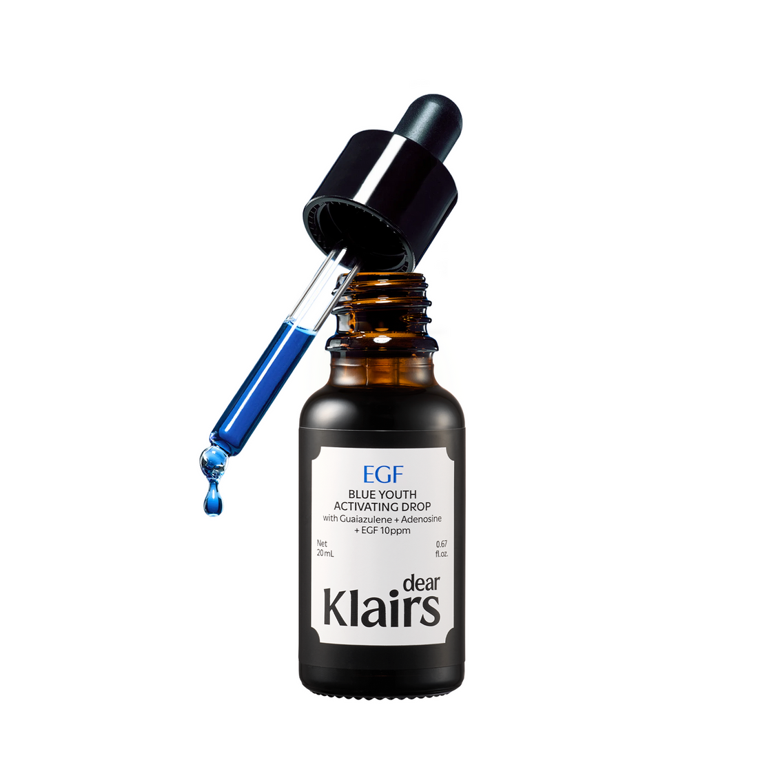 dear, Klairs EGF Blue Youth Activating Drop, 20ml bottle with blue serum pipette.