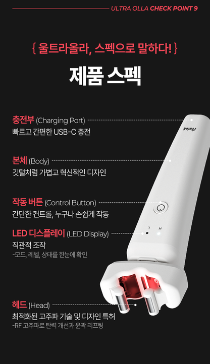 Official Aalok Ultra Olla USB-C port, controls and treatment head diagram