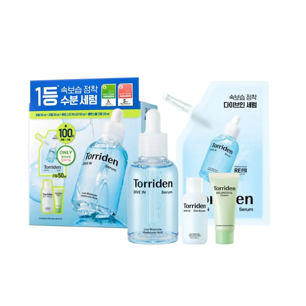 Torriden - DIVE-IN Low Molecule Hyaluronic Acid Serum 50ml + Refill 50ml + Skin Booster 50ml + Balance Full Cream 20ml