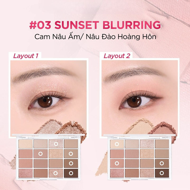 Two eye looks created with WAKEMAKE Soft Blurring Eye Palette 03 Sunset Blurring
