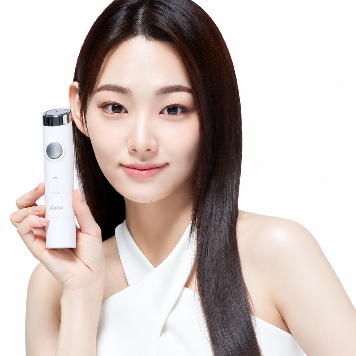 A model holding the white Aalok Skin Max beauty device; serum bundle contents are specified separately.