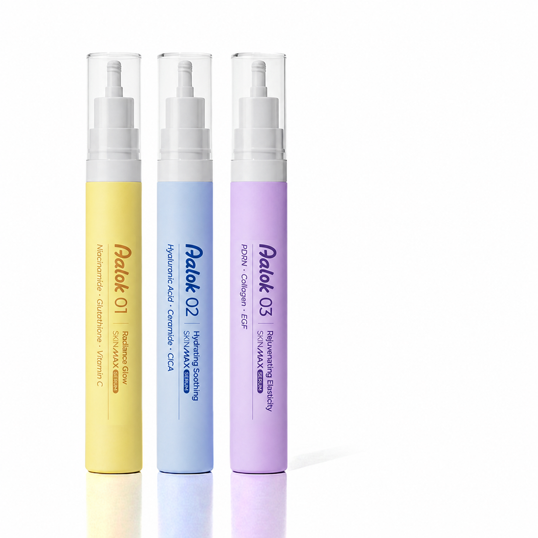 Aalok Skin Max serum cartridge formula options: yellow Radiance Glow01, blue Hydrating and. Soothing02, andpurple Rejuvenating Elasticity03. Select the three-cartridge combination separately.