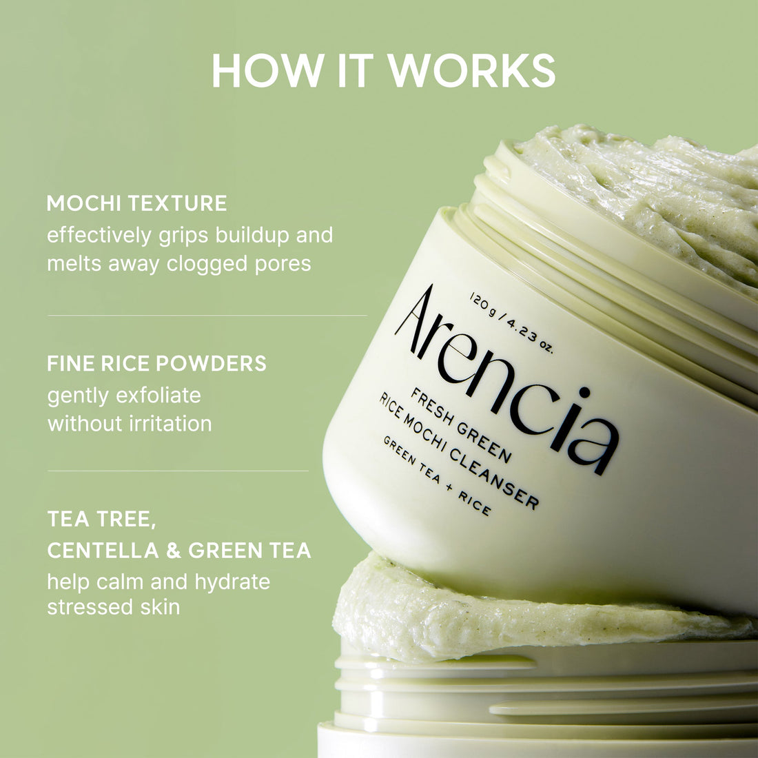 How Arencia Fresh Green Rice Mochi Cleanser works with mochi texture, rice powder and botanical extracts