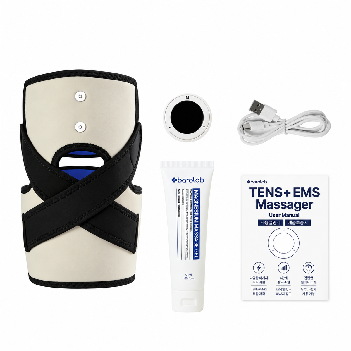 BAROLAB TENS ON Knee Massager — standard device package with controller, cable, gel and manual
