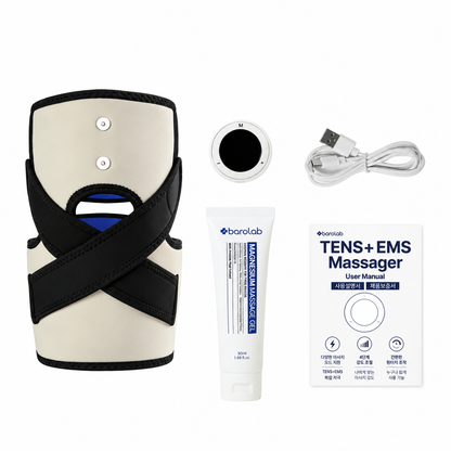 BAROLAB TENS ON Knee Massager — standard device package with controller, cable, gel and manual