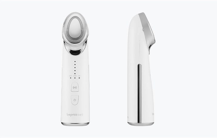 Front and side views of the white beproccell beauty device
