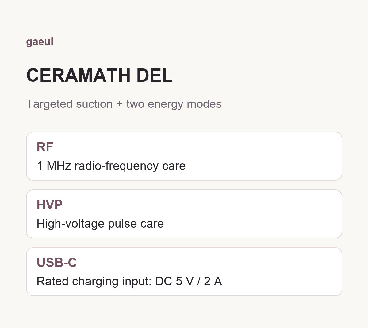 CERAMATH DEL suction, RF, HVP and USB-C charging guide.