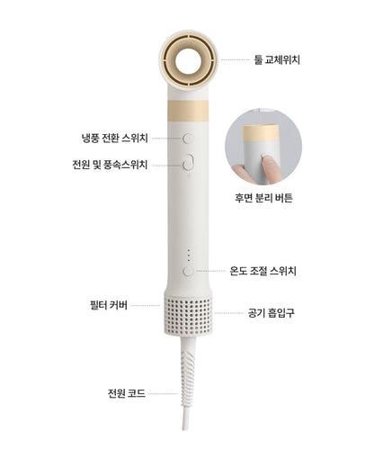 Brown CHAHONG Air Styler 2.0 controls, rear release button and filter diagram.