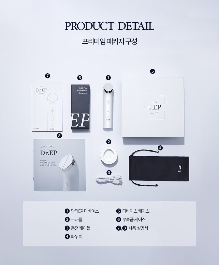 Dr.EP device, charging cradle, cable, pouch and printed instructions