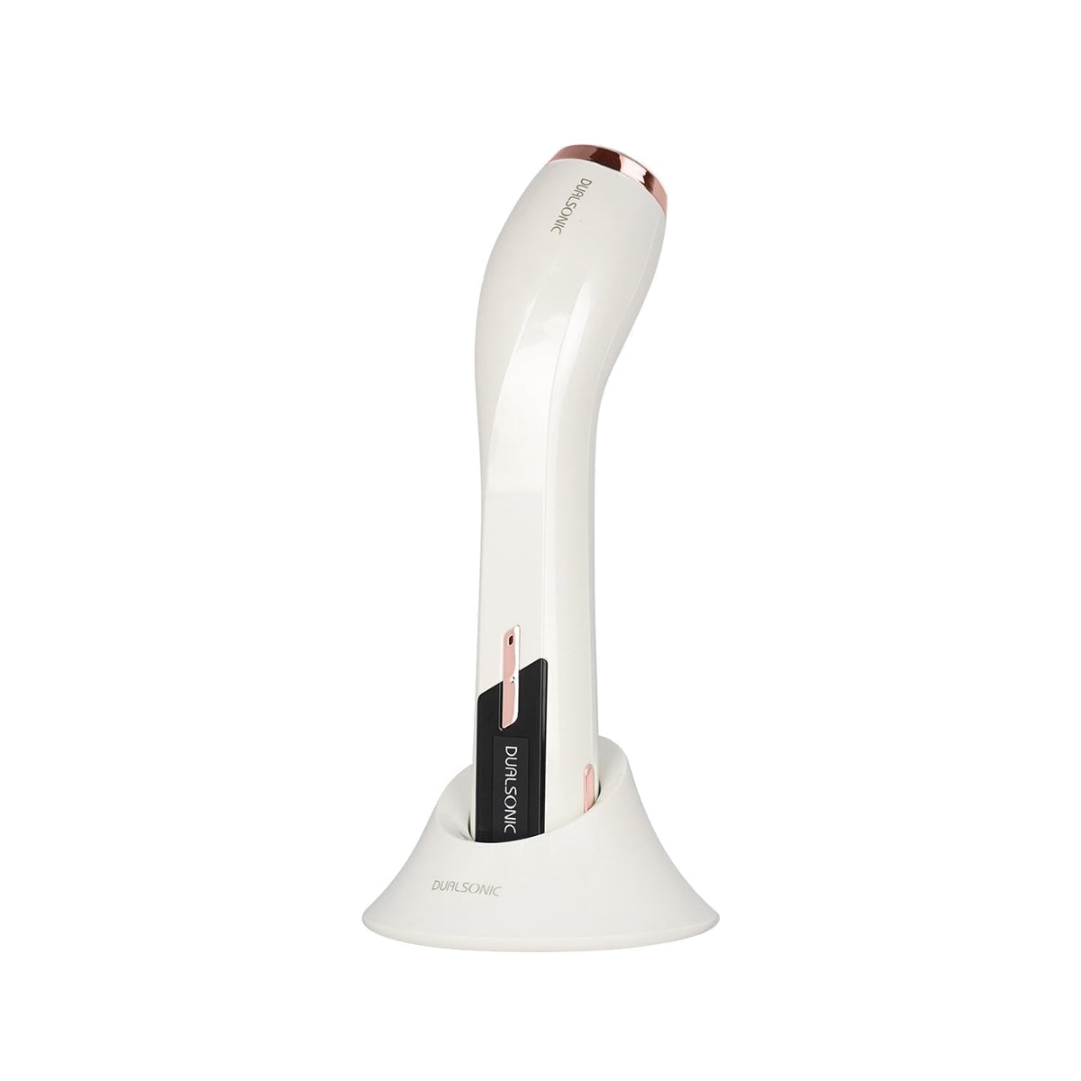 DUALSONIC Maximum White and Rose Gold beauty device on its cradle
