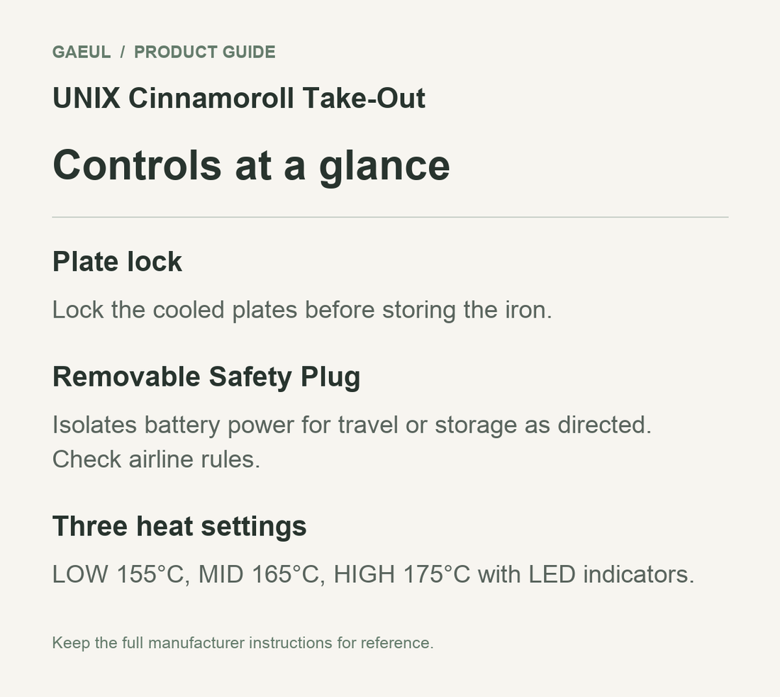 UNIX Cinnamoroll Take-Out controls and functional features in an original English guide.