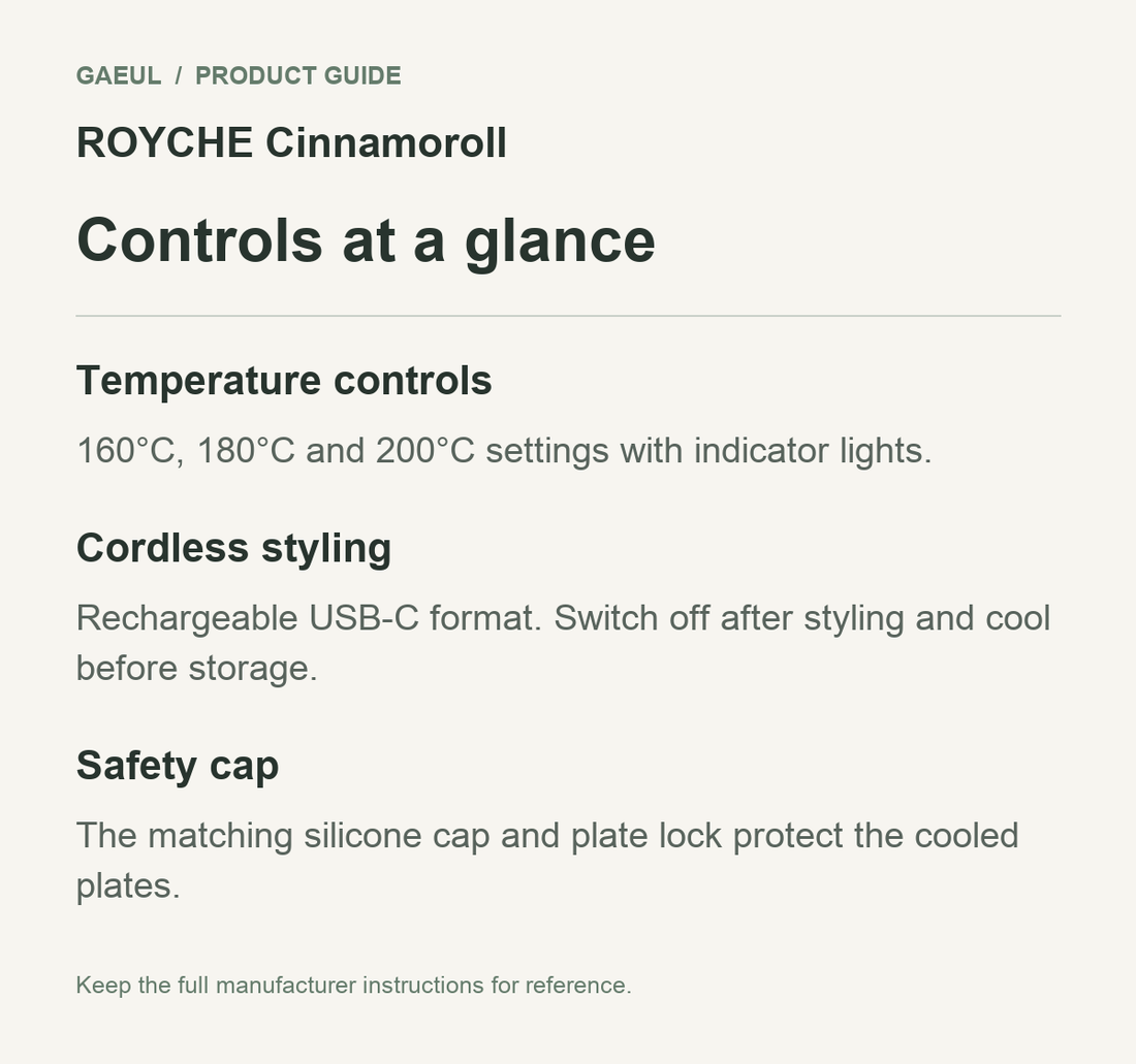 ROYCHE Cinnamoroll controls and functional features in an original English guide.