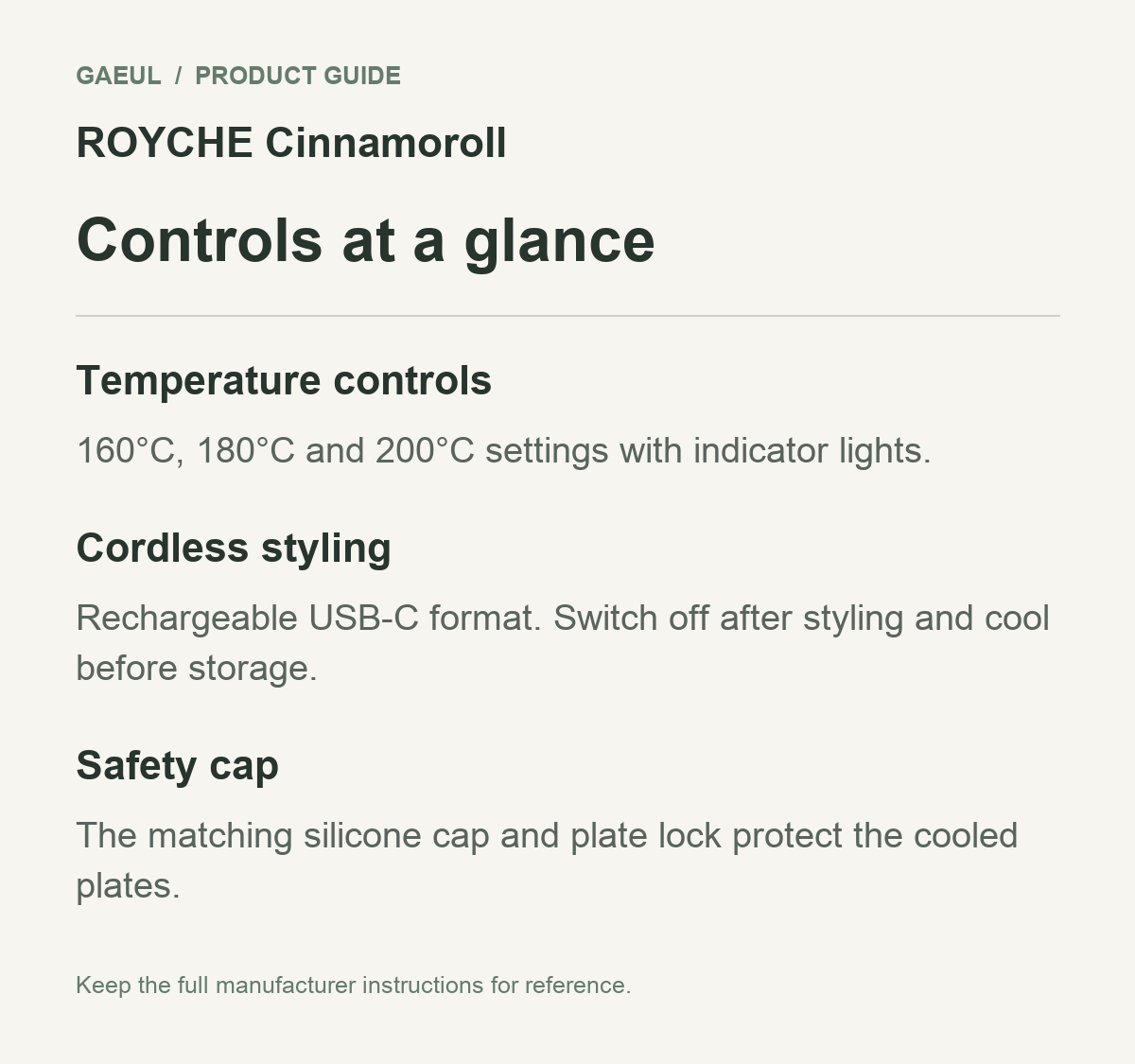 ROYCHE Cinnamoroll controls and functional features in an original English guide.